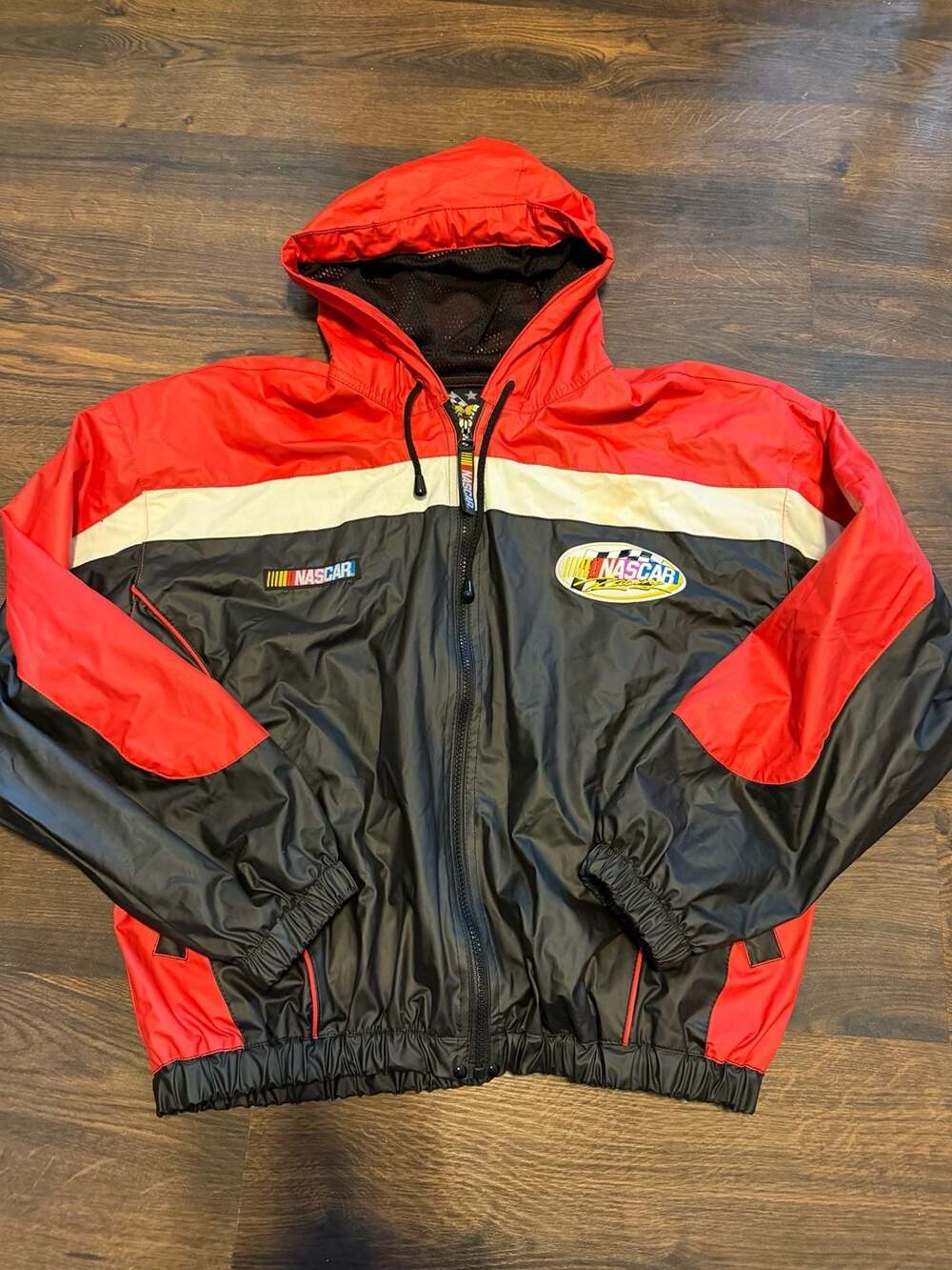 Vintage Essex NASCAR Racing Hooded Windbreaker Jacket Red Black Colorblock